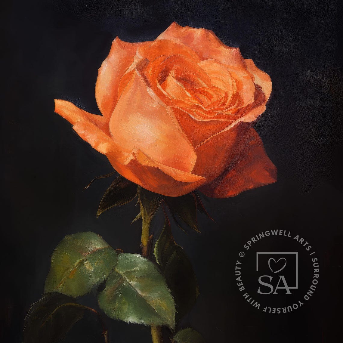 Orange Rose Dark Background Moody Botanical Flower Painting Poster - Image 5