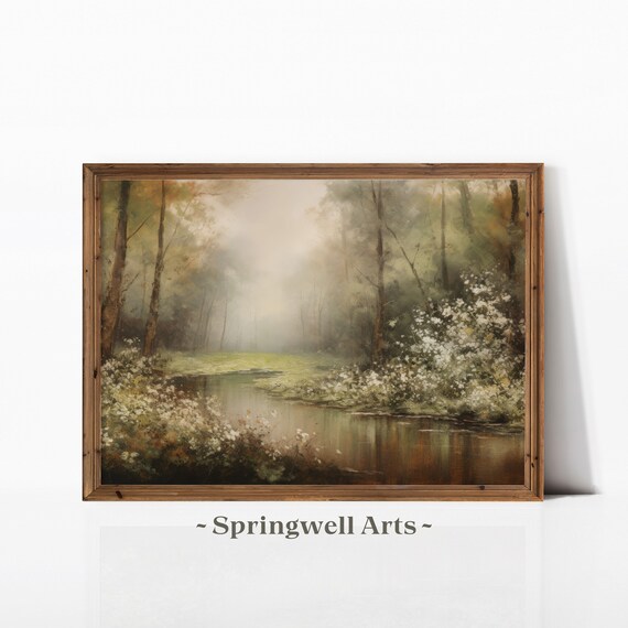 Misty Forest Pond Spring White Wildflower Woodland Nature Art Poster