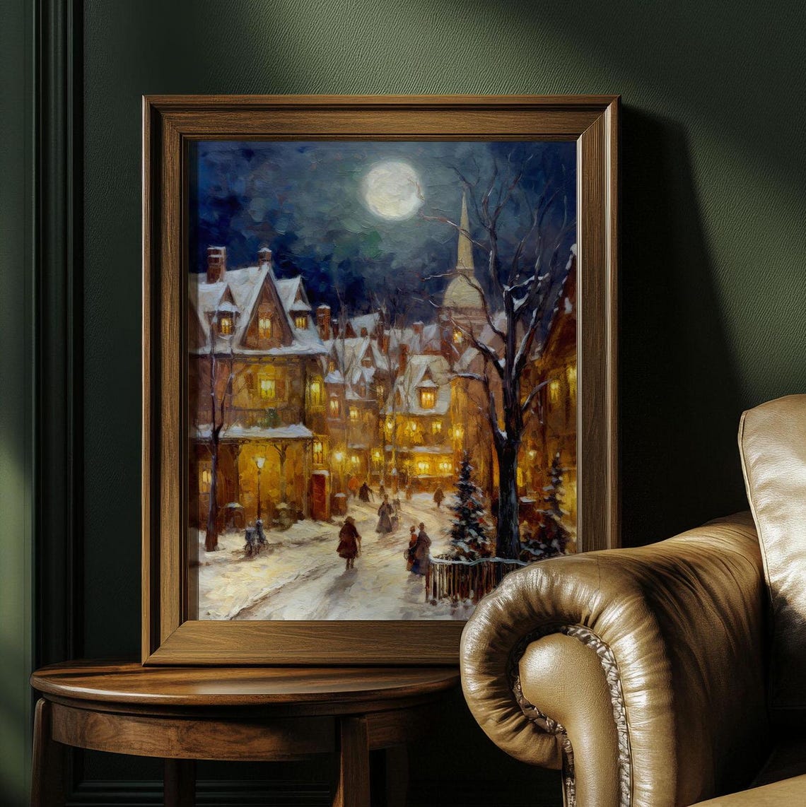 Moonlit Snowy Village Street Night Glowing Windows Church Art Poster - Image 3