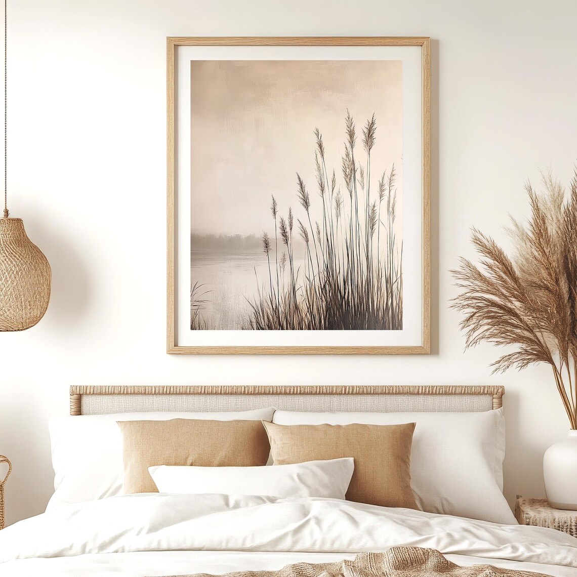 Beige Coastal Grass Lake Landscape Painting Monochrome Minimalist Wall Art - Image 5