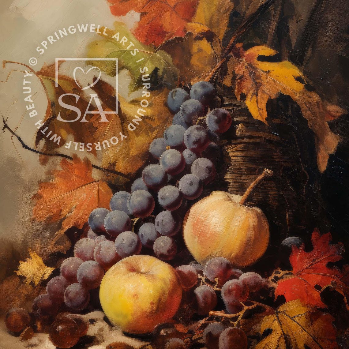 Autumn Still Life Grapes Apples And Fall Leaves Vintage Fruit Poster - Image 5