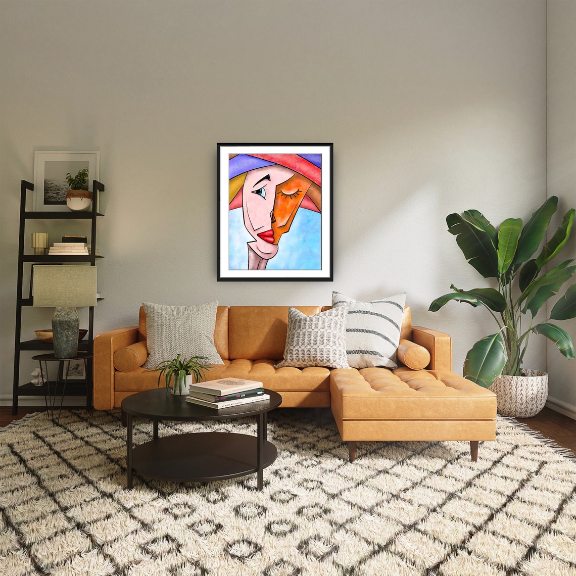 Cubist Split Face Woman Red Lips Orange Blue Abstract Poster - Image 2