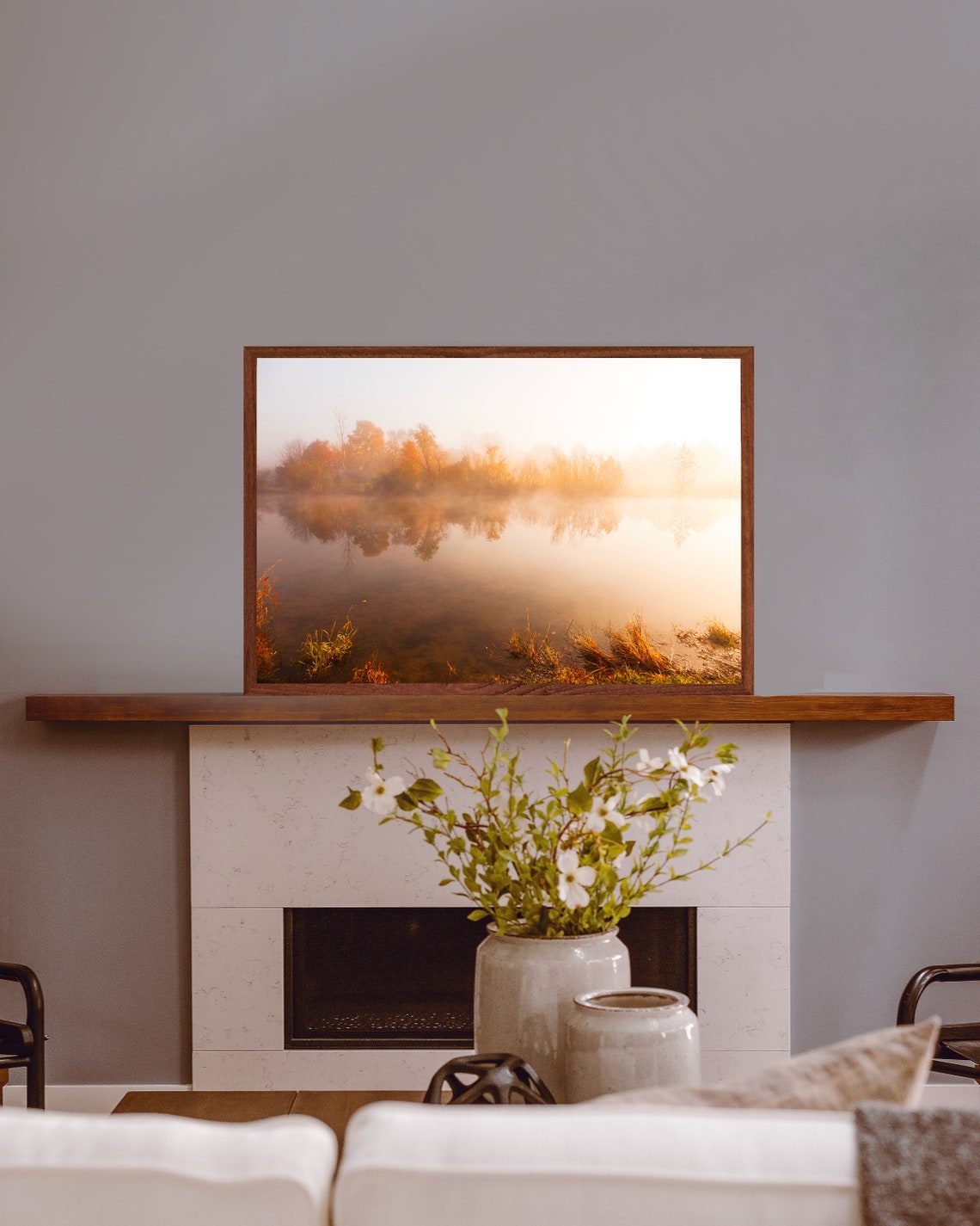 Foggy Autumn Pond with Golden Trees Reflected in Still Water Poster - Image 2