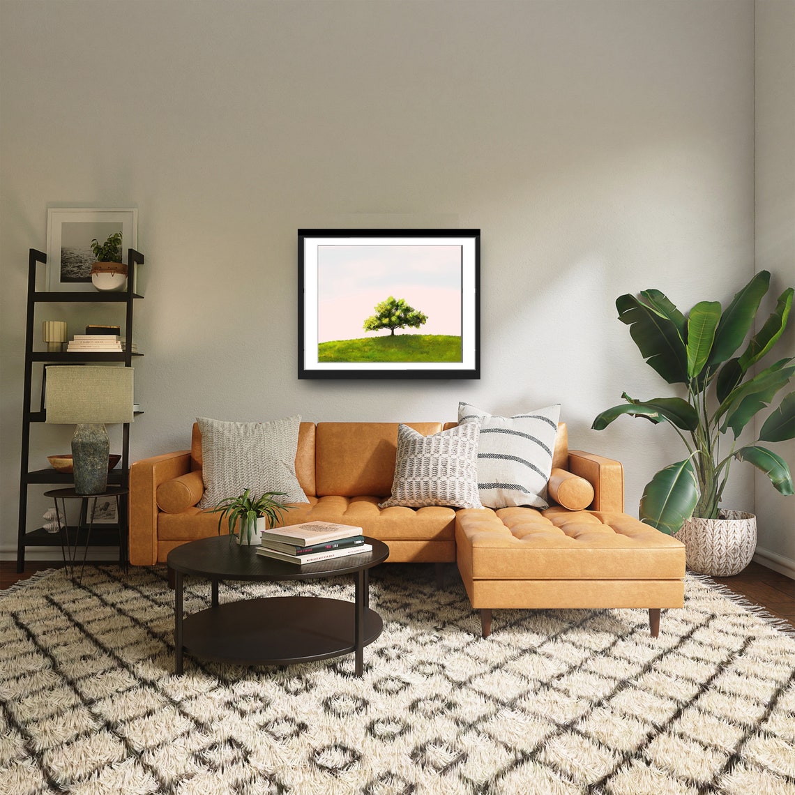 Lone Tree On Green Hill Pink Sky Impressionist Landscape Poster - Image 5