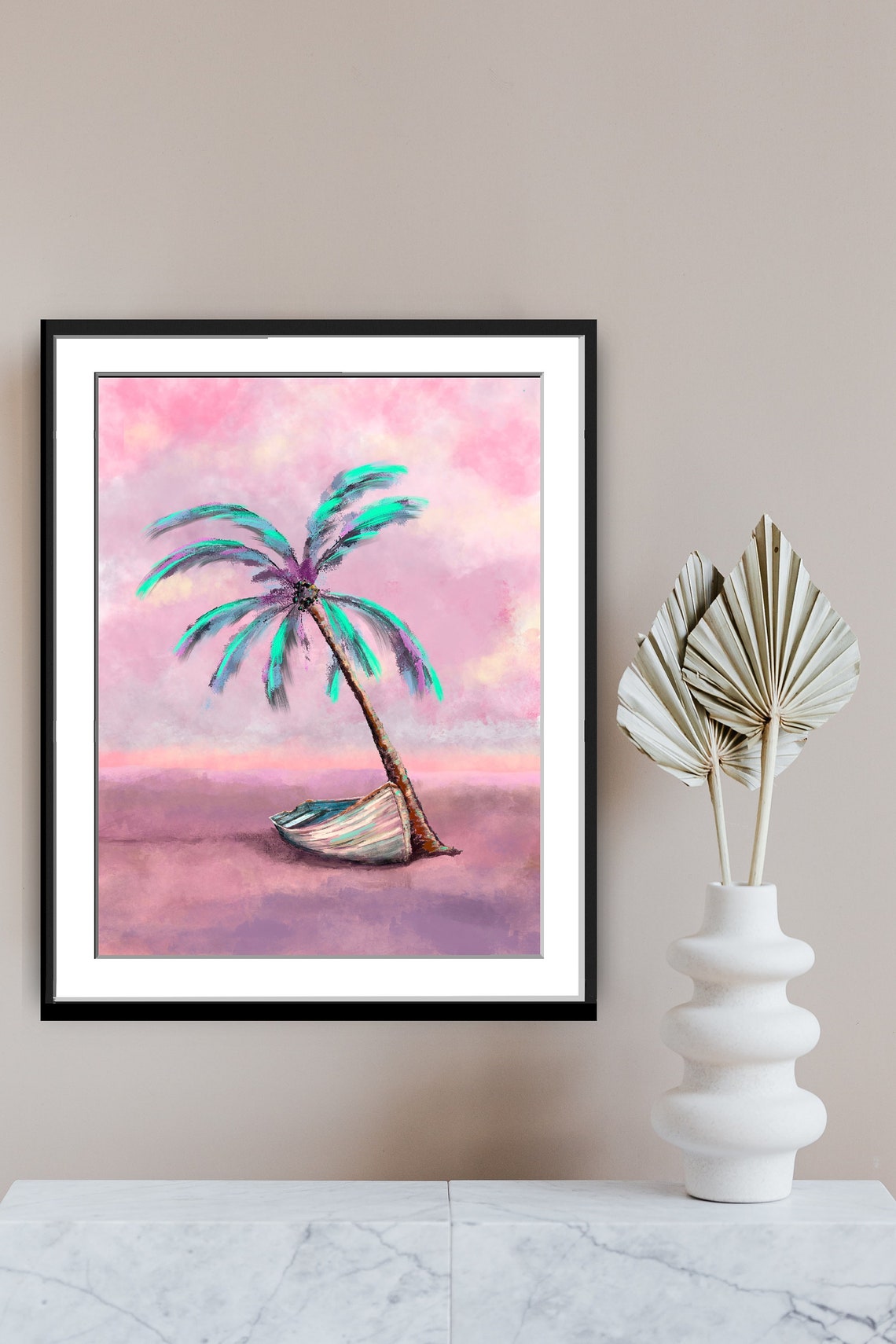 Pink Beach Palm Tree Leaning Over Boat Pastel Seascape Poster