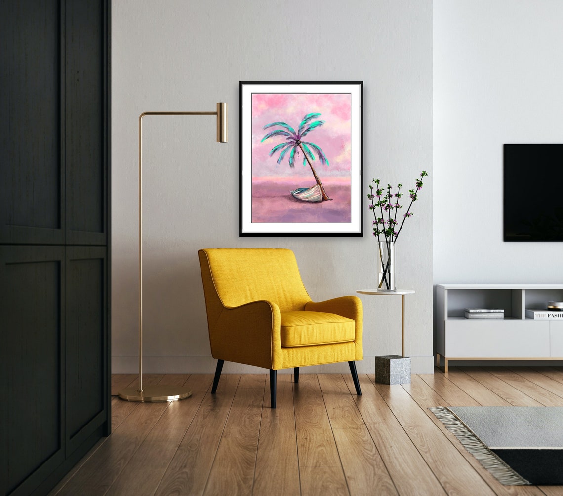Pink Beach Palm Tree Leaning Over Boat Pastel Seascape Poster - Image 2