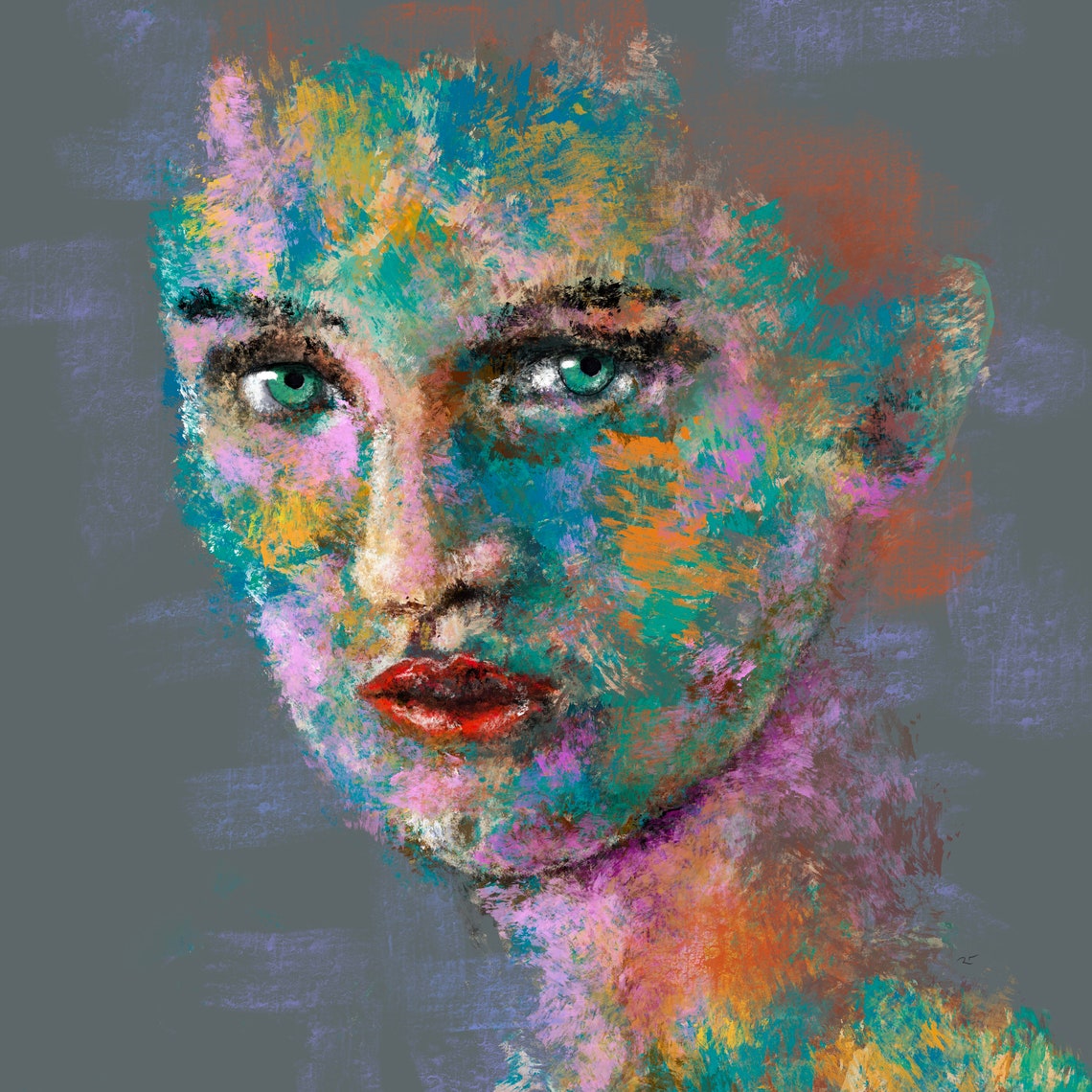Impressionistic Colorful Womans Face Green Eyes Abstract Poster