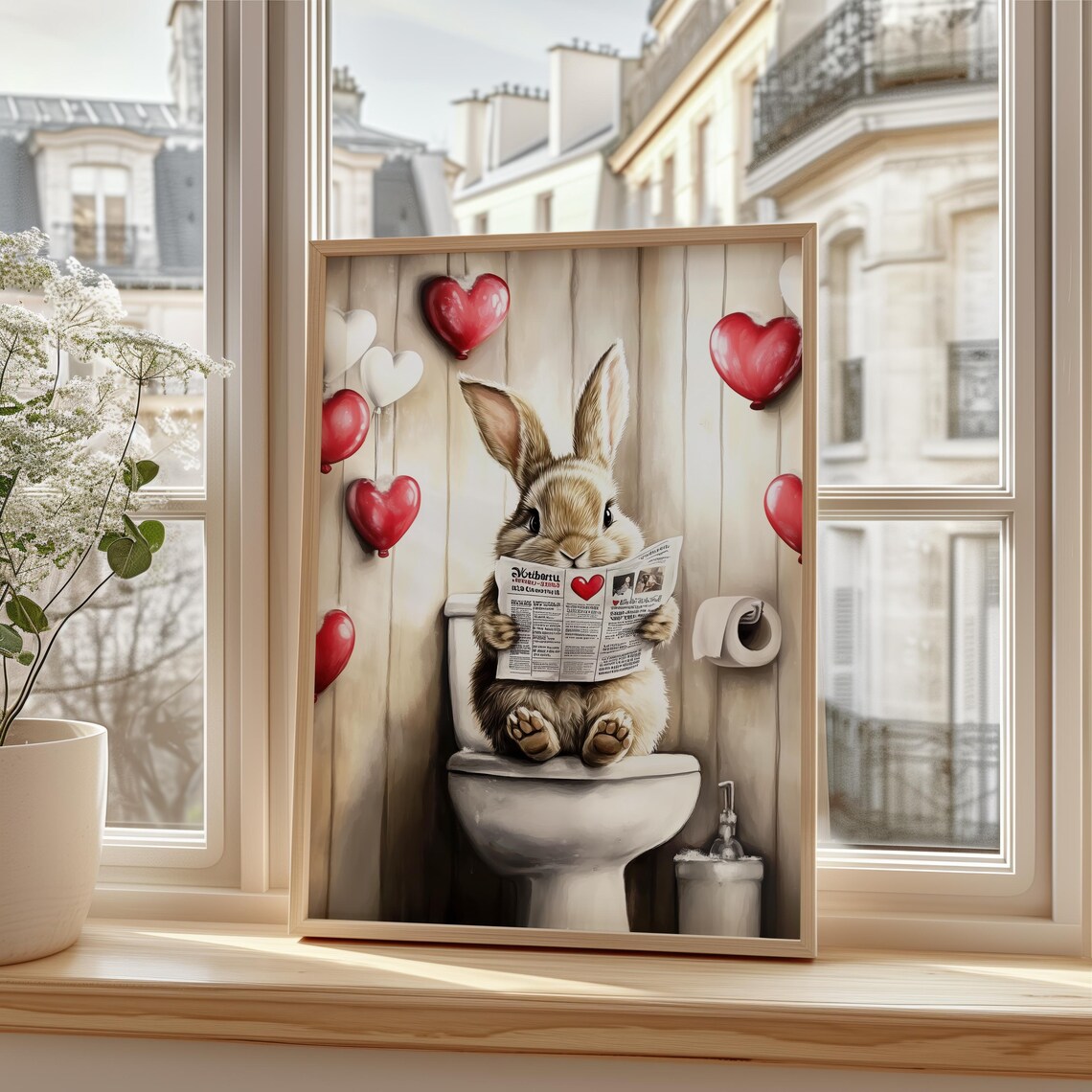 Funny Bunny on Toilet Reading Newspaper Valentine Humor Poster - Image 3