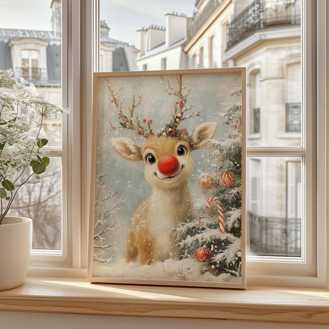 Cute Rudolph Reindeer with Red Nose by Christmas Tree Poster - Image 3