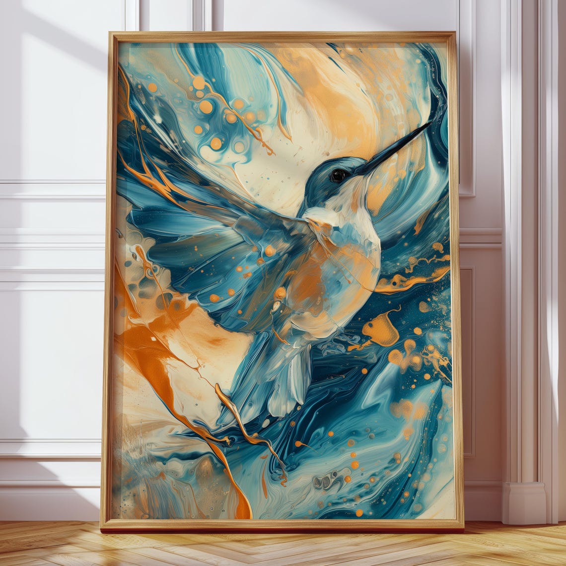 Kingfisher Bird in Blue and Gold Swirling Abstract Art Poster - Image 4