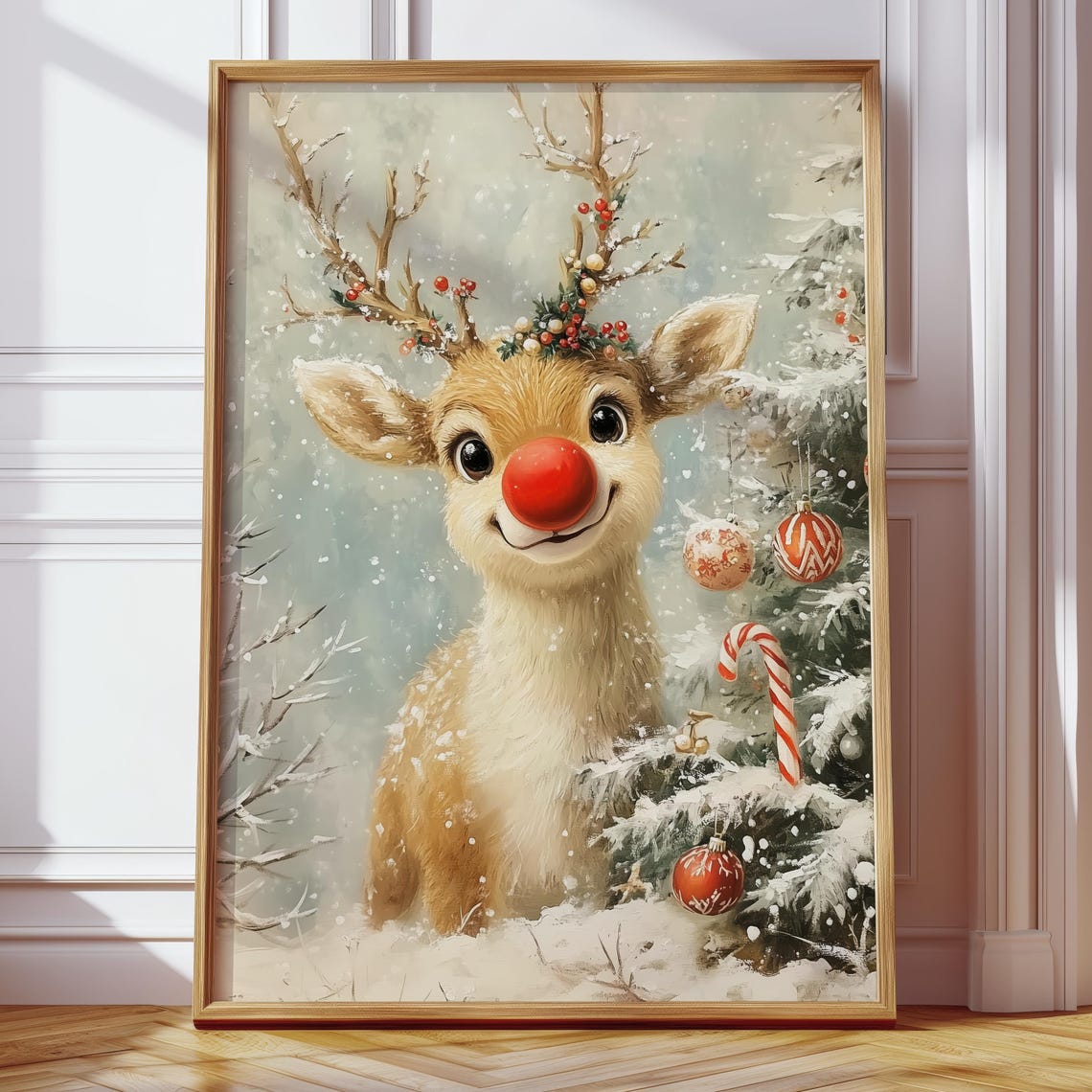 Cute Rudolph Reindeer with Red Nose by Christmas Tree Poster - Image 4