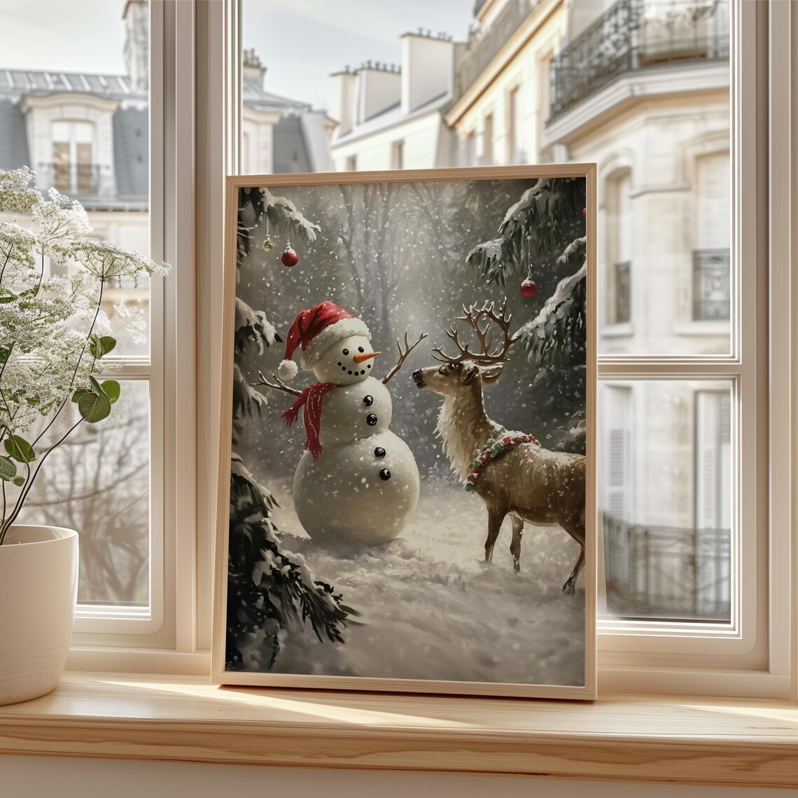 Cheerful Snowman and Reindeer Friends Meeting in Snowy Forest Poster - Image 3