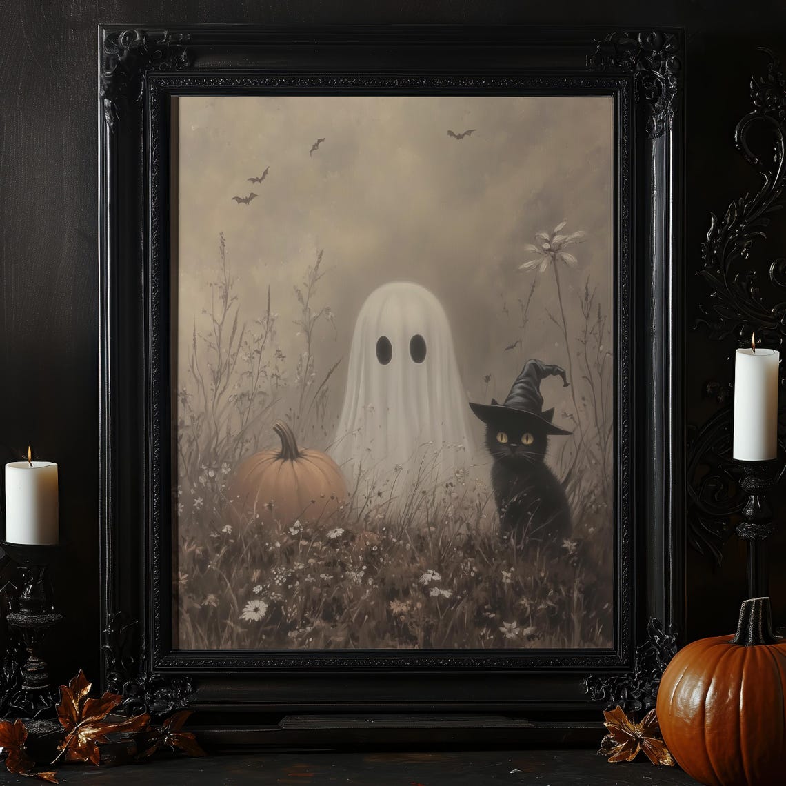 Vintage Cute Ghost and Black Cat in Witch Hat Autumn Field Poster - Image 4