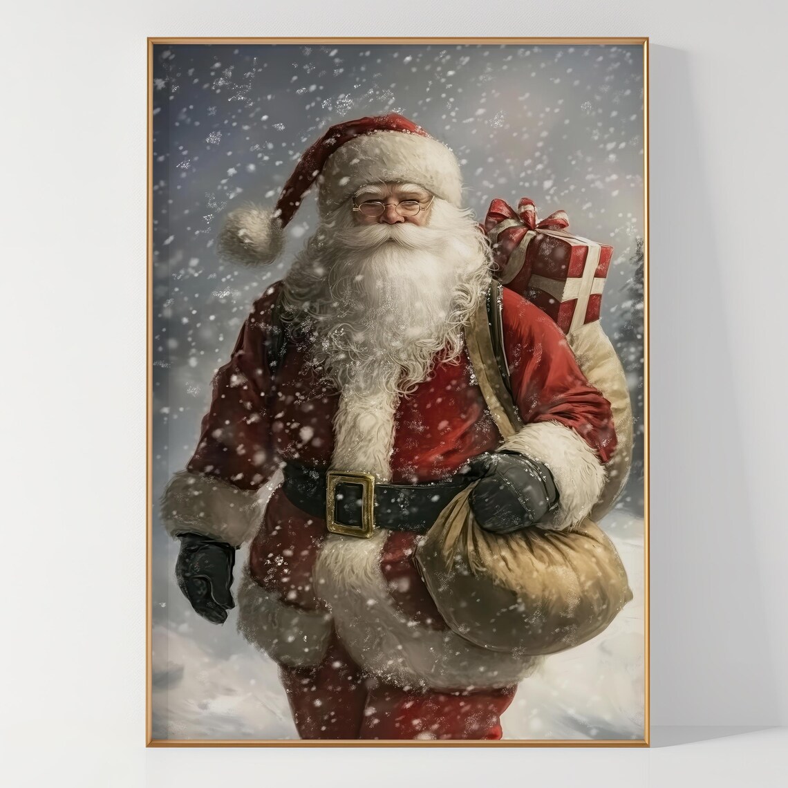 Santa Claus Carrying Gifts in Falling Snow Christmas Painting Poster