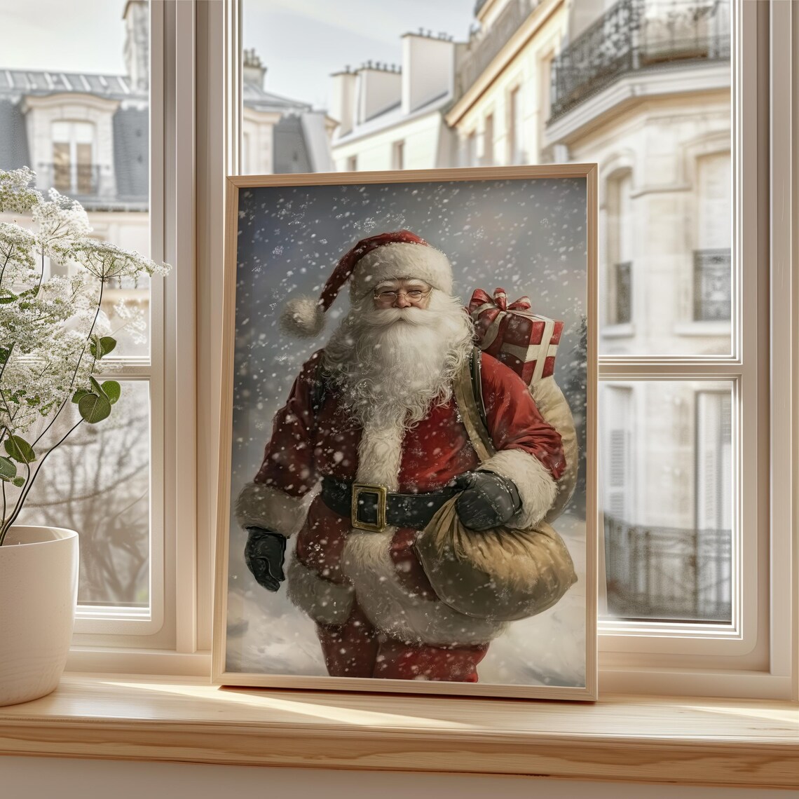 Santa Claus Carrying Gifts in Falling Snow Christmas Painting Poster - Image 3