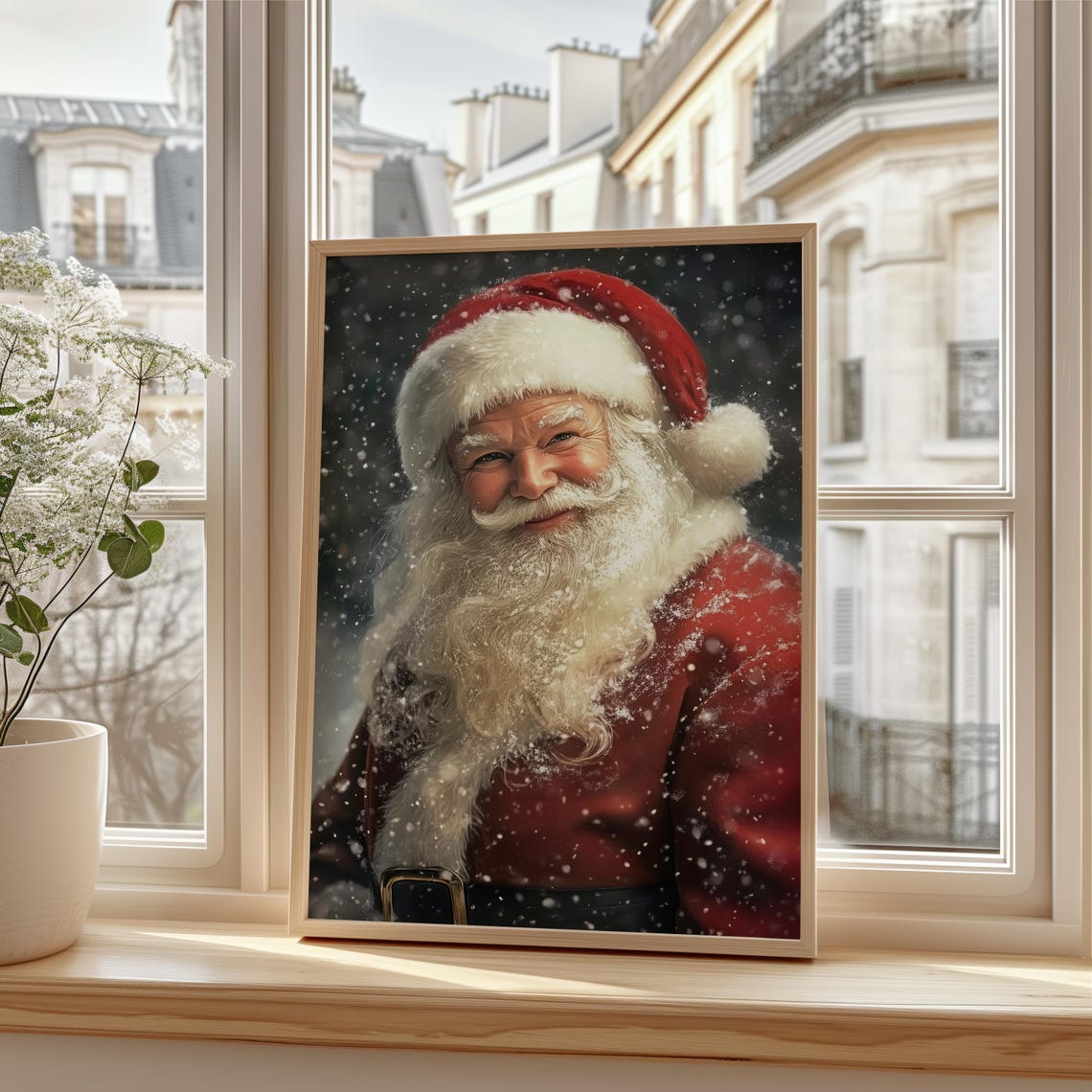 Santa Claus Portrait Smiling in Falling Snow Christmas Art Poster - Image 3