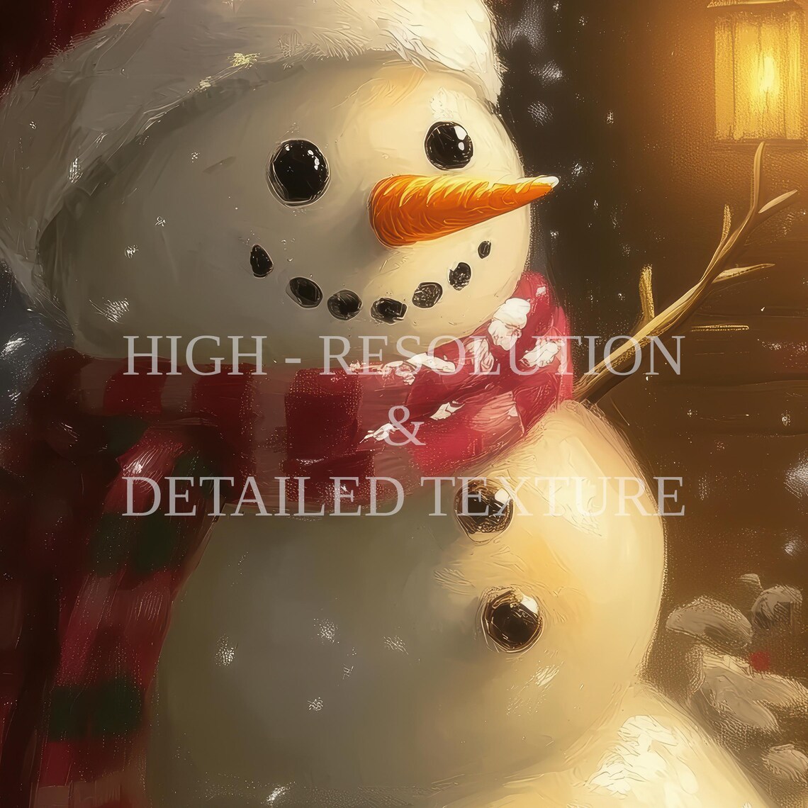 Snowman by Glowing Christmas Cabin at Night Holiday Art Poster - Image 2