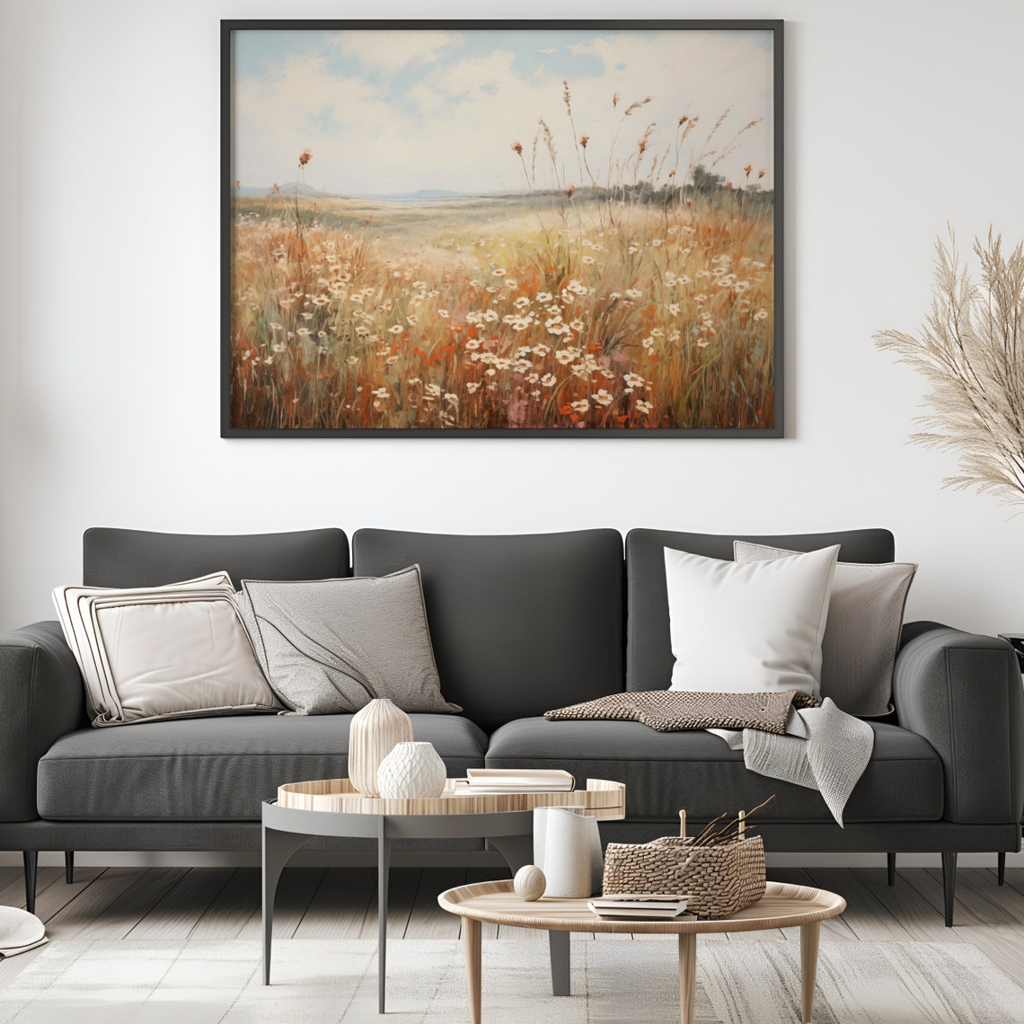 Wildflower Field Landscape Oil Painting Farmhouse Decor Vintage Landscape Art Print Country Field Wall Art Wildflower Wall Art - Image 3