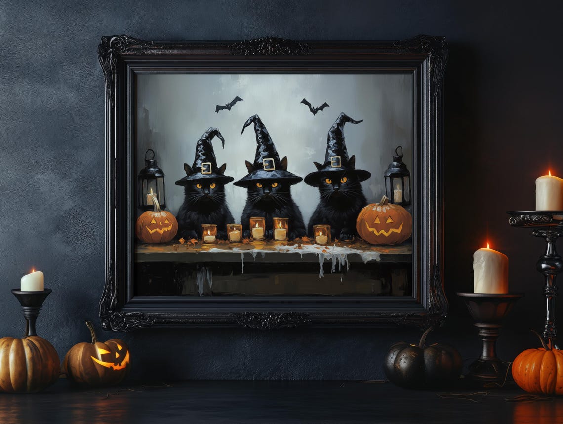 Three Black Cats in Witch Hats with Pumpkins Vintage Halloween Poster - Image 2