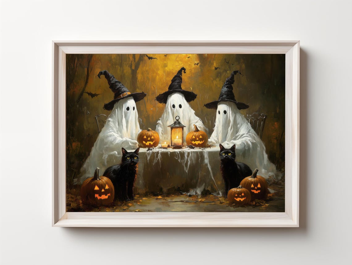 Cute Ghosts And Black Cats Print Vintage Halloween Wall Art Spooky Halloween Wall Decor Moody Decor - Image 4