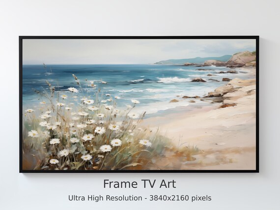 Beach Daisies and Waves Frame TV Art Coastal Digital Painting Poster