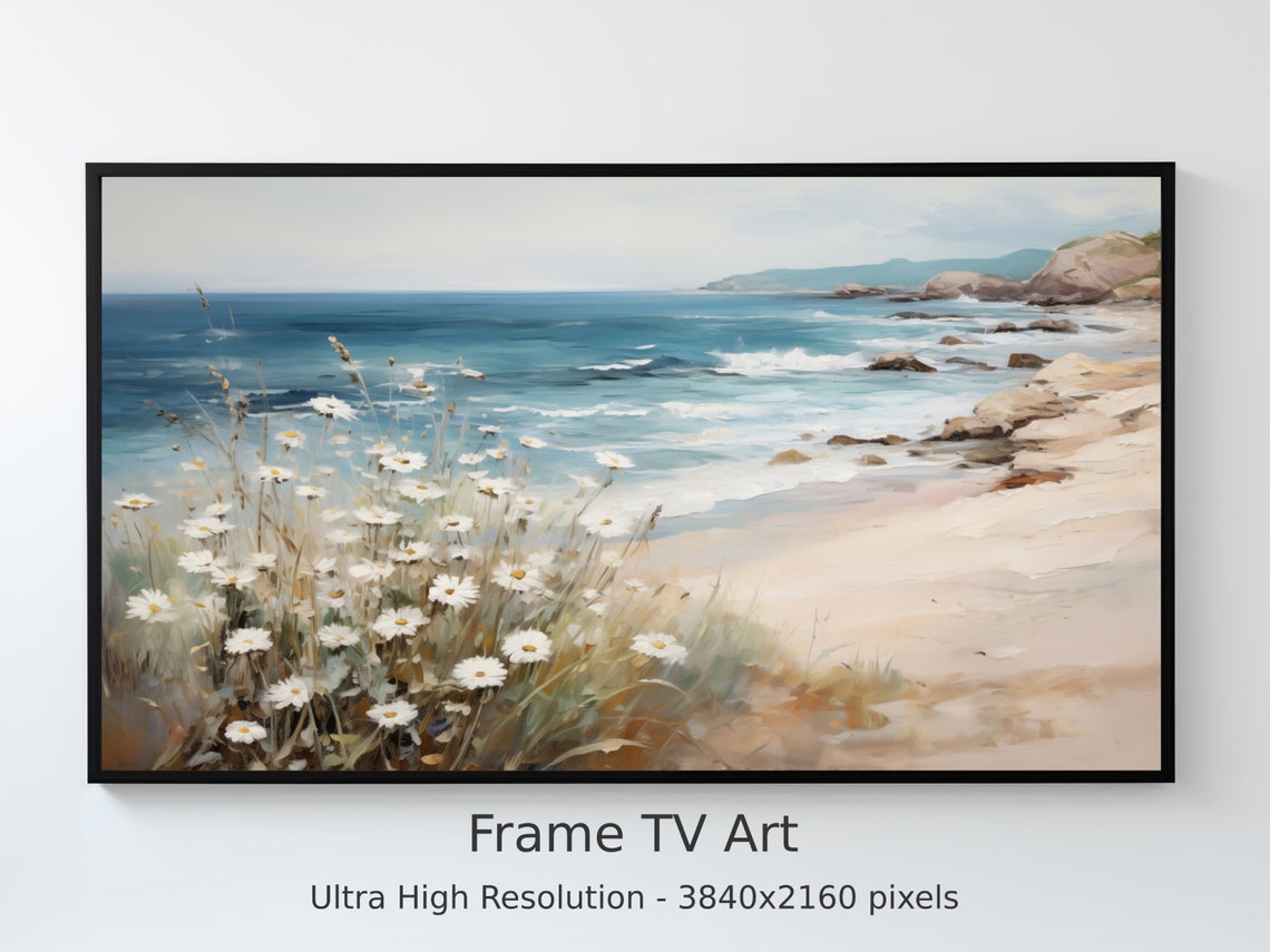 Beach Daisies and Waves Frame TV Art Coastal Digital Painting Poster
