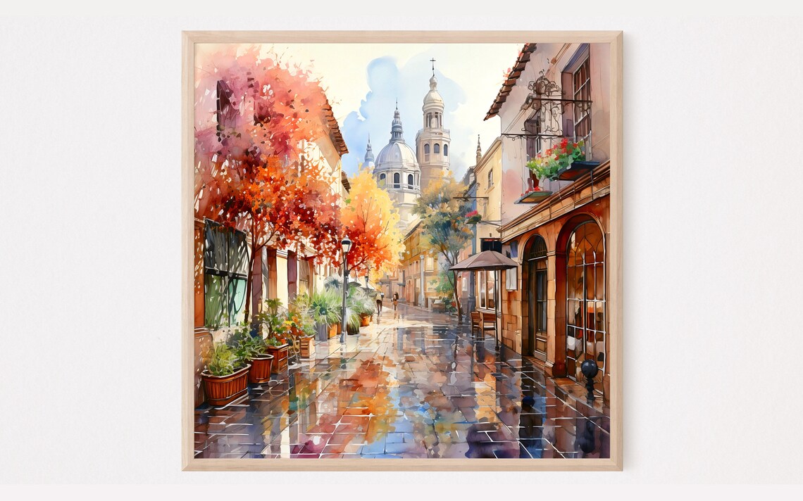 Madrid Cityscape Watercolor Art Print, Spain Travel