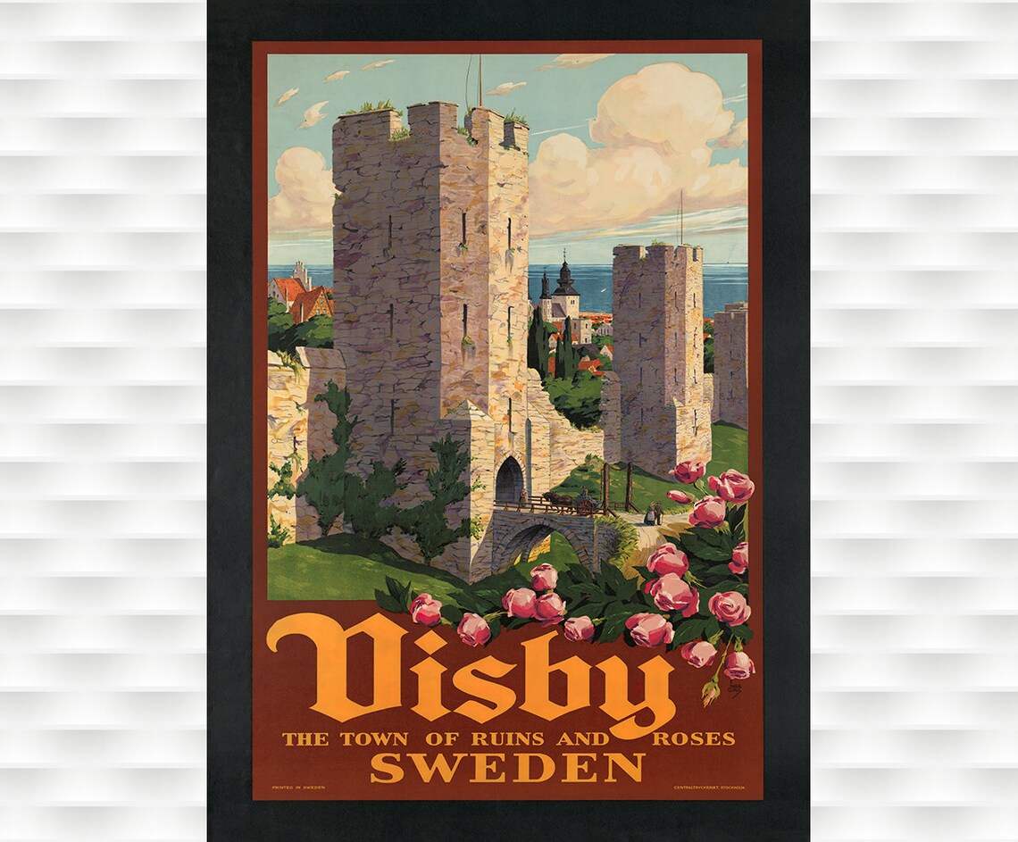 Visby Sweden Town of Ruins and Roses Towers Vintage Travel Poster