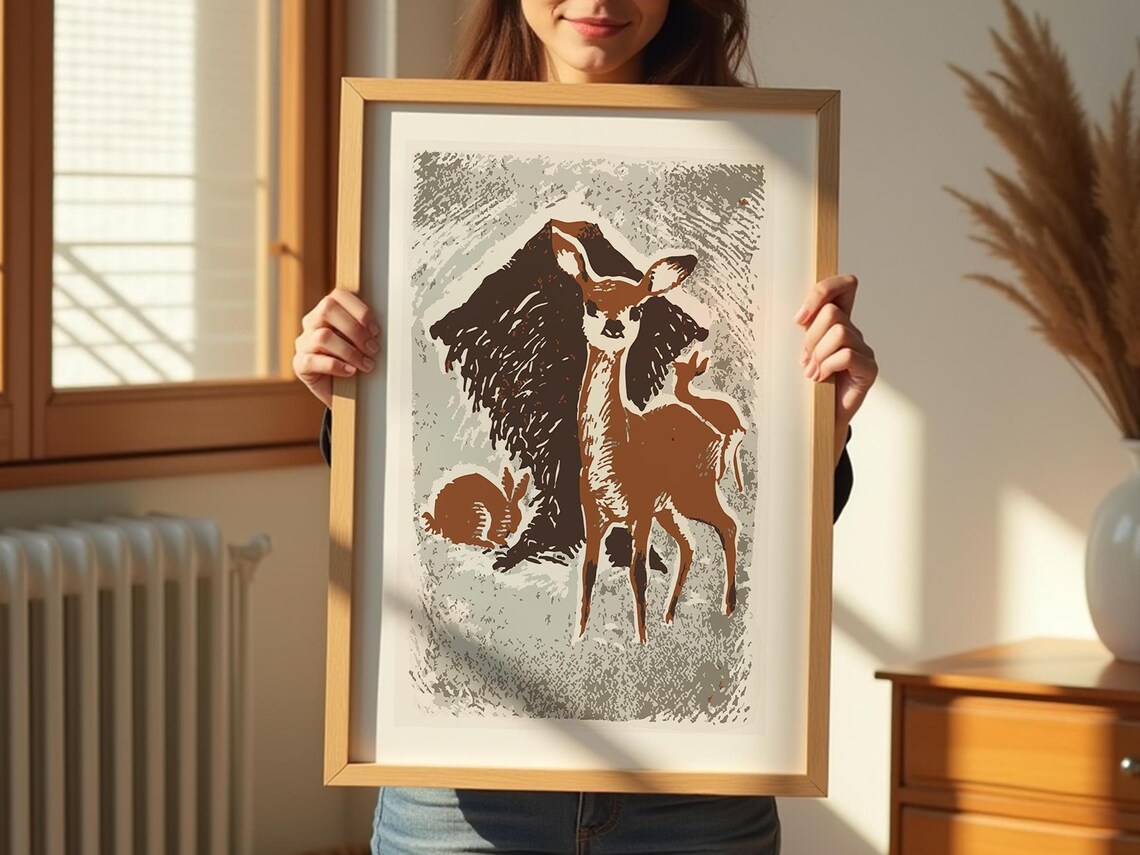 Deer and Rabbit in Snow Woodcut Style Woodland Winter Art Poster - Image 3