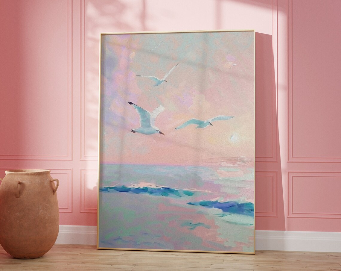 Pastel Seagulls Soaring Over Ocean Pink Sky Coastal Painting Poster