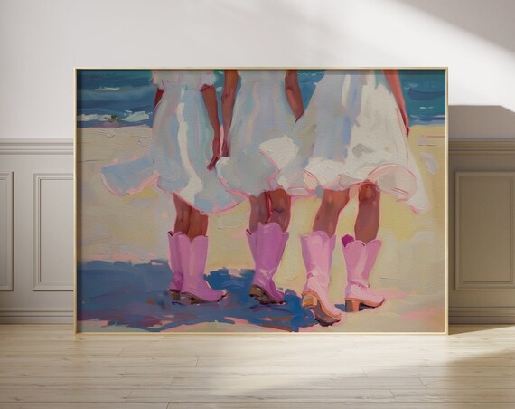 Pink Cowboy Boots Beach Girls Coastal Cowgirl Oil Painting Poster