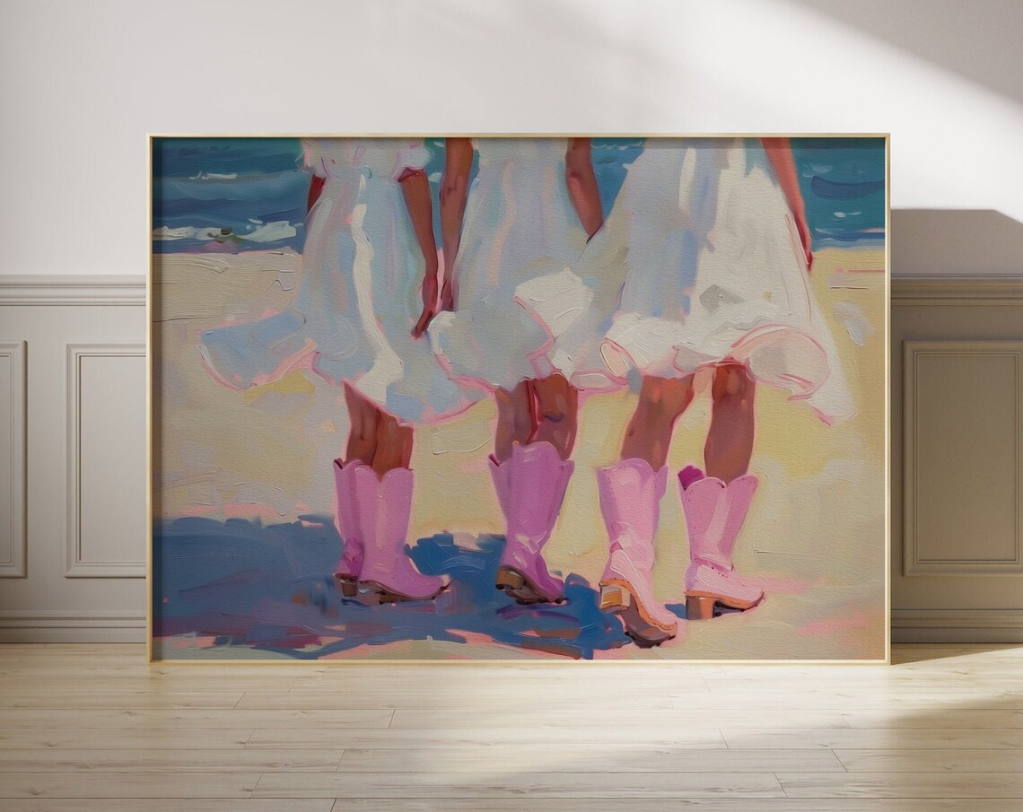 Pink Cowboy Boots Beach Girls Coastal Cowgirl Oil Painting Poster