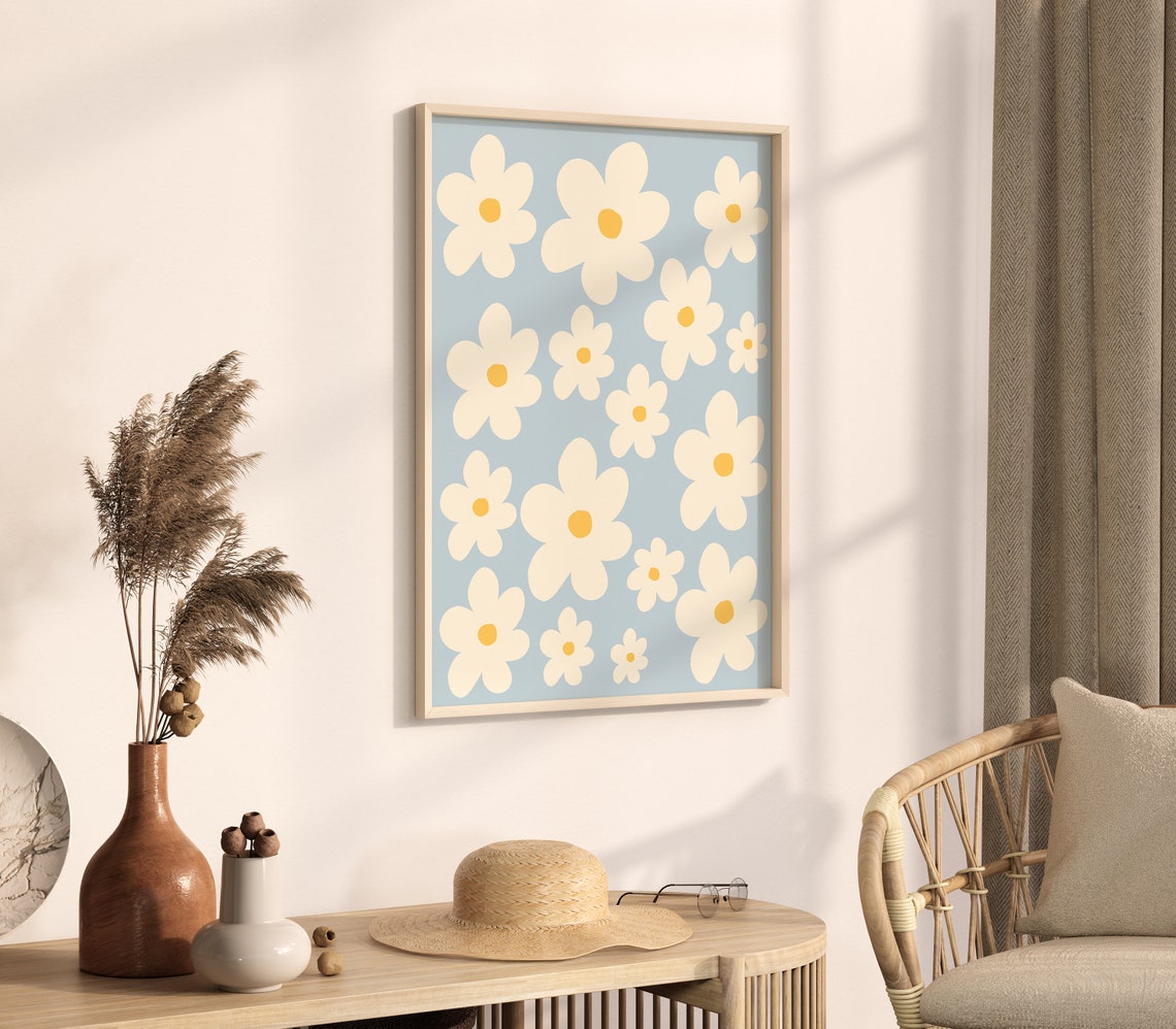 Soft Sky Blue Abstract Daisies Pattern Modern Botanical Poster - Image 4