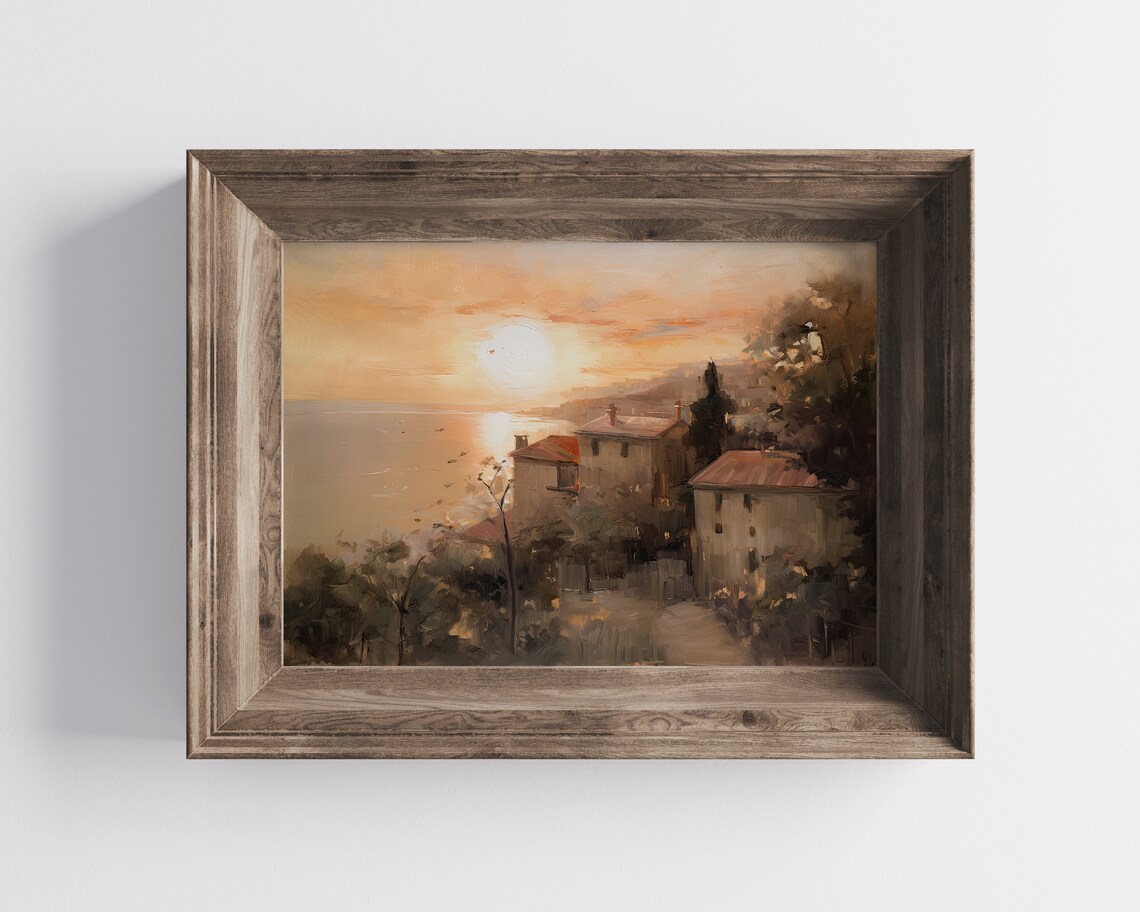 Mediterranean Coast Sunset Seaside Village Golden Hour Art Poster - Image 2