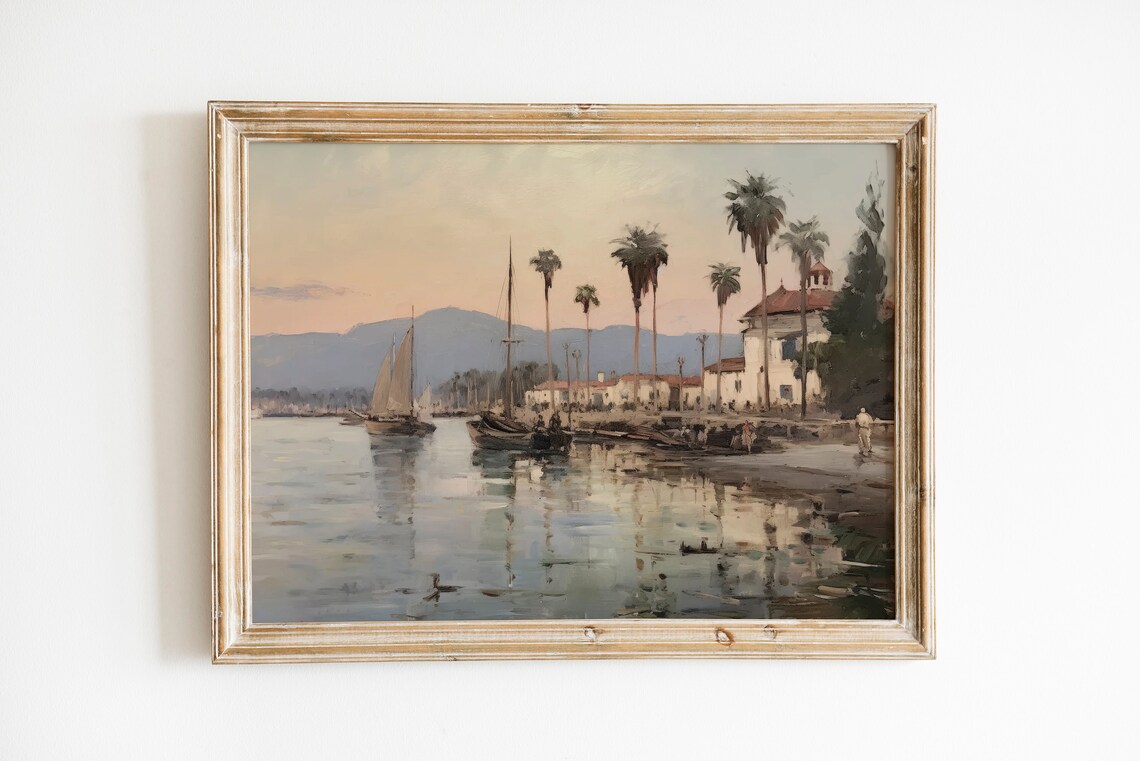 Santa Barbara Harbor Sailboats and Palm Trees Painting Poster