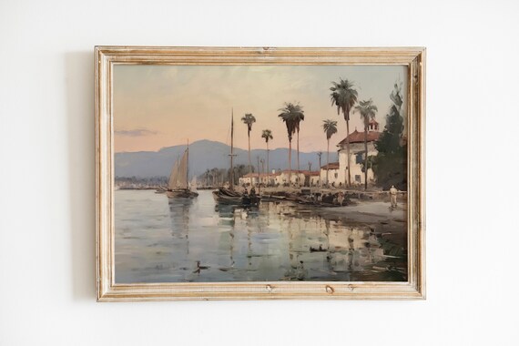 Santa Barbara Harbor Sailboats and Palm Trees Painting Poster