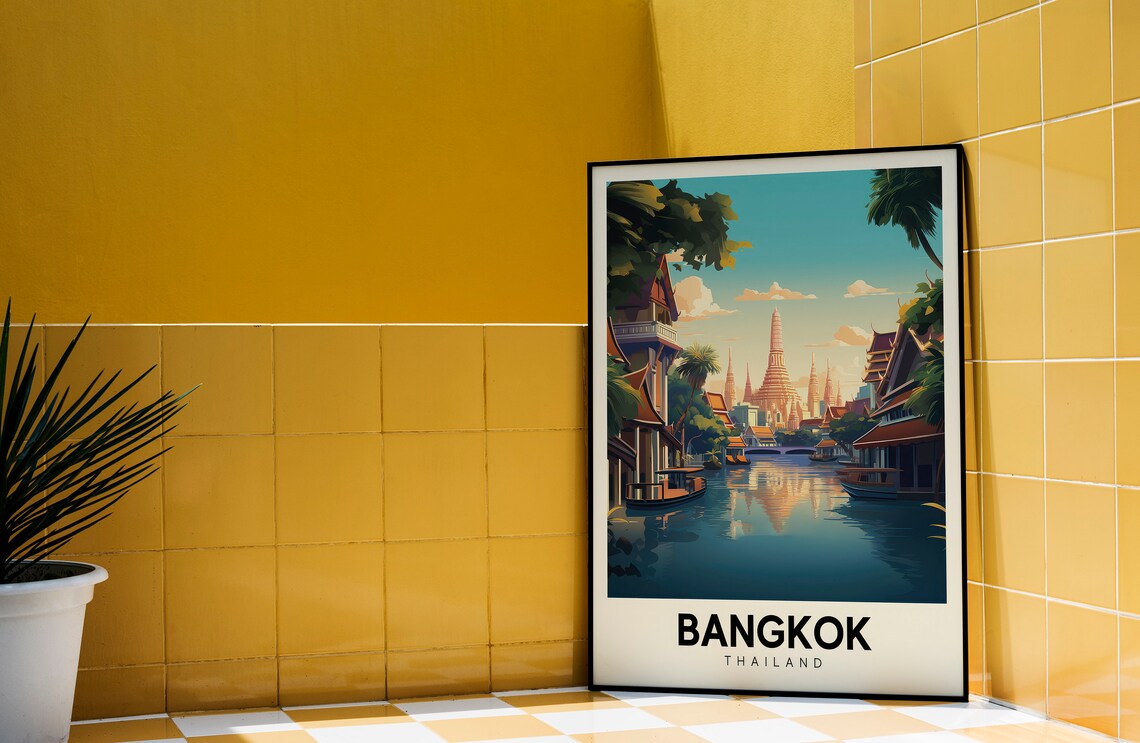 Bangkok Thailand Grand Colorful Retro Canal Temple Travel Poster - Image 3