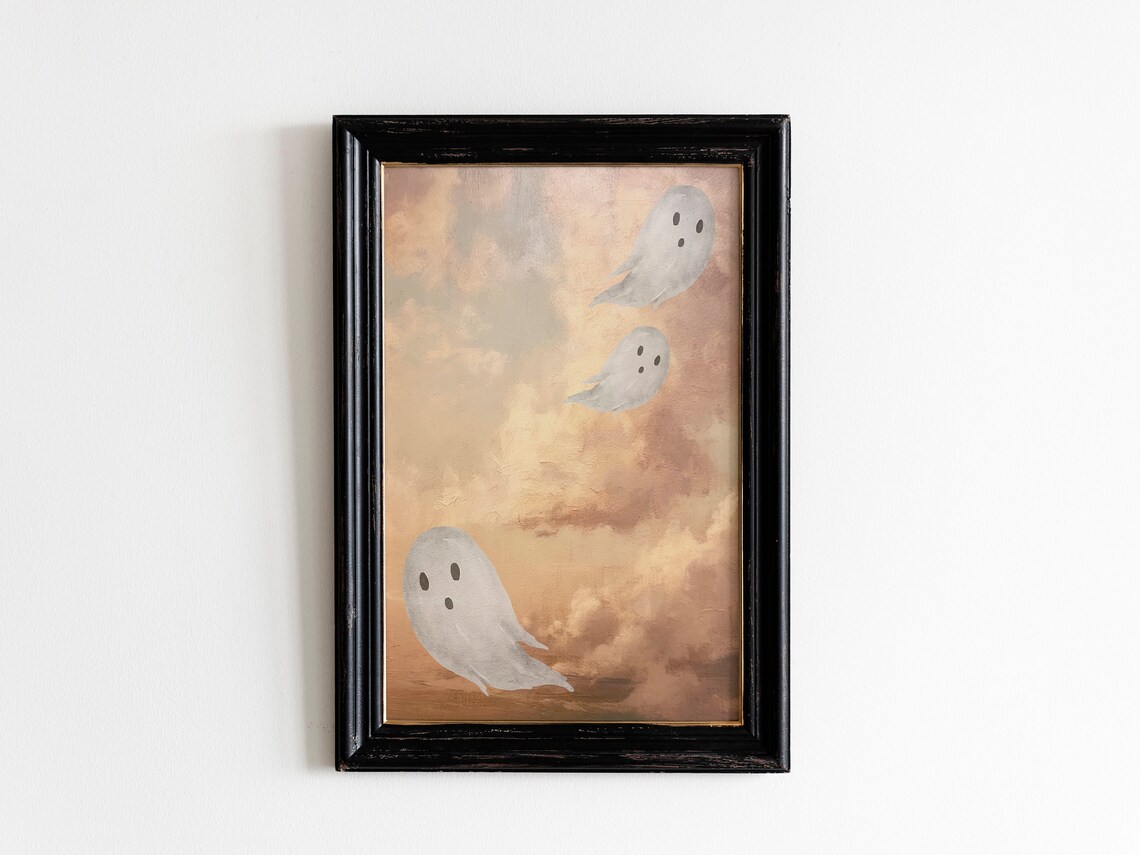 Three Cute Ghosts Flying Blush Pink Clouds Watercolor Halloween Wall Art - Image 3