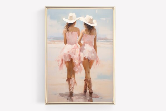 Beach Best Friends Pink Dress Cowboy Hat Painting Coastal Wall Art