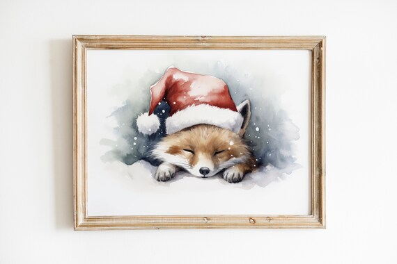 Sleeping Red Fox Wearing Santa Hat Watercolor Christmas Art Poster