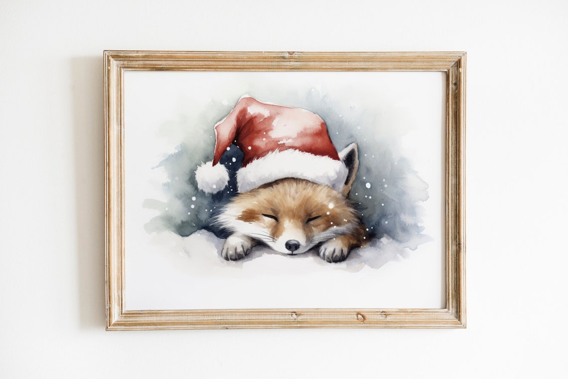 Sleeping Red Fox Wearing Santa Hat Watercolor Christmas Art Poster