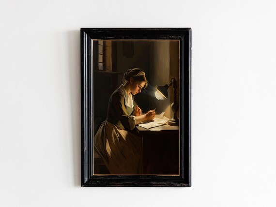 Woman Writing by Lamplight Vintage Style Oil Painting Poster