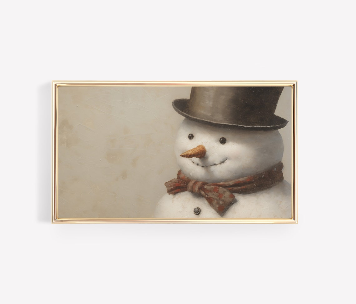 Smiling Snowman with Top Hat and Bow Tie Vintage Style Art Poster - Image 3