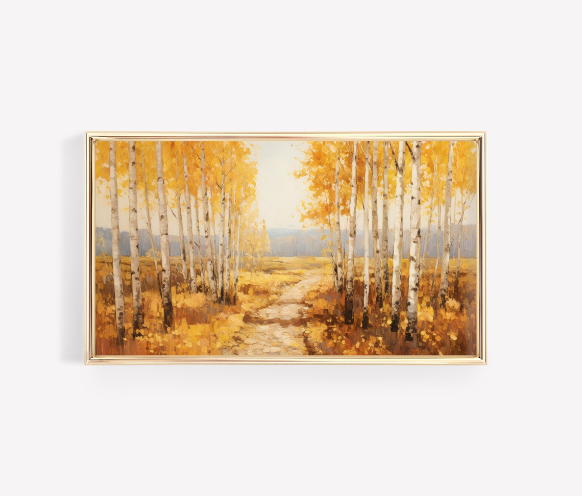 Sunlit Golden Birch Forest Path in Autumn Impressionist Poster