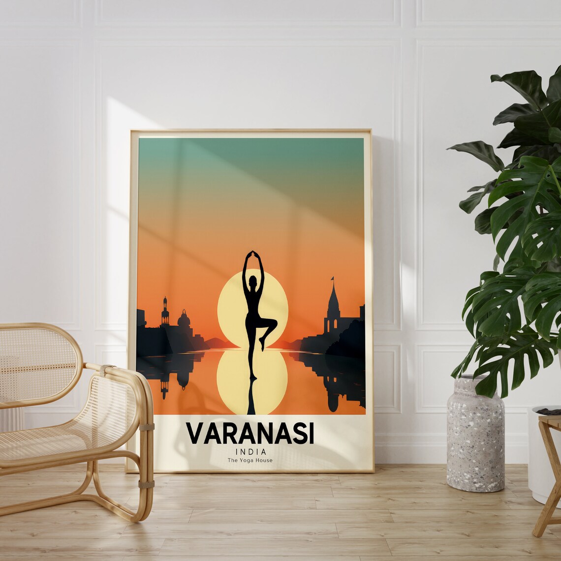 Varanasi India Retro Yoga Retreat Travel Poster Golden Sunset Art - Image 4