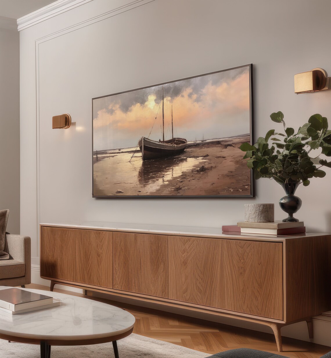 Beached Sailboat Sunset Golden Shore Vintage Coastal Painting Wall Art - Image 2