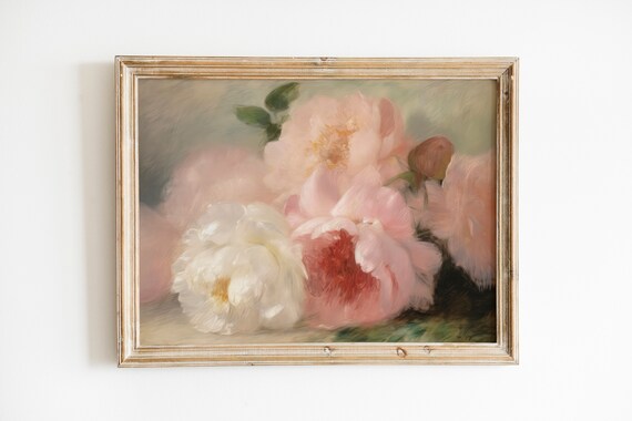 Vintage Peonies Blush Pink Oil Painting Floral Nursery Art Poster