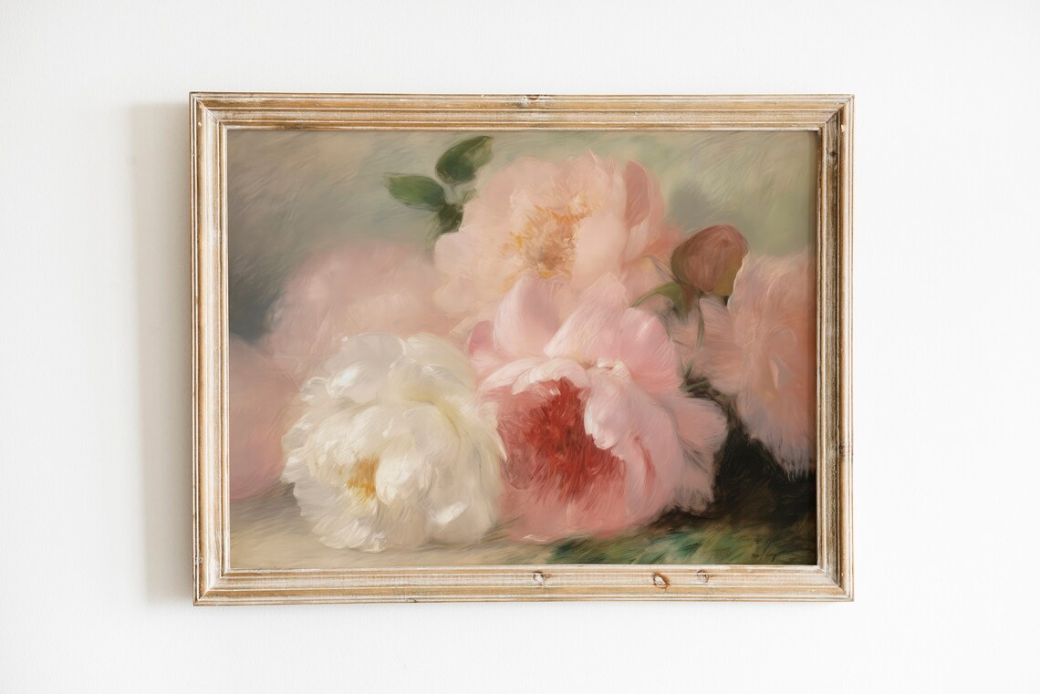 Vintage Peonies Blush Pink Oil Painting Floral Nursery Art Poster