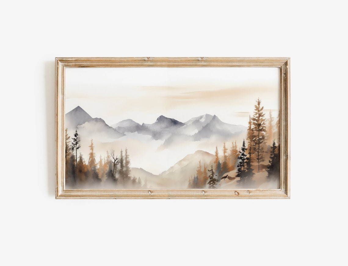 Misty Watercolor Mountain Pines Soft Earth Tone Landscape Poster