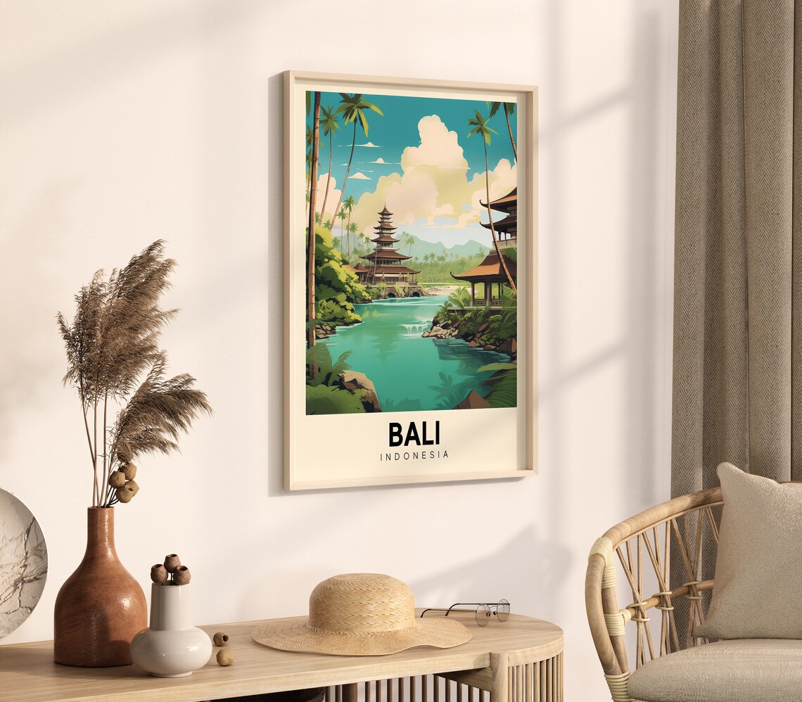 Bali Indonesia Temple Lagoon Tropical Retro Travel Style Poster - Image 4